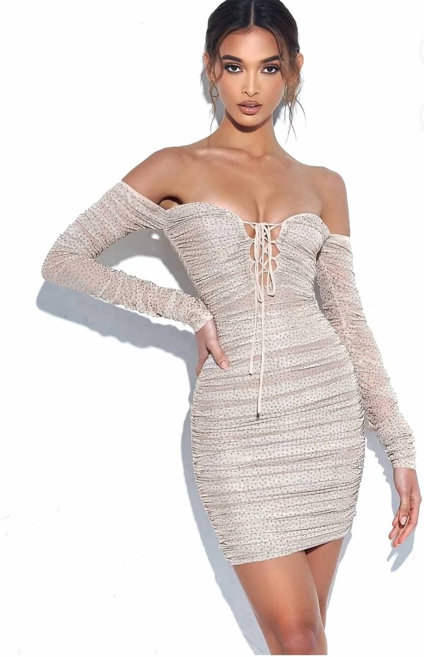 NEW MISS CIRCLE off shoulder long sleeve mesh dress with crystals in bebe beige